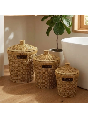 ®  3’lü İç İçe Geçebilen Büyük Plastik Rattan Hasır Sepet Seti-Dayanıklı Çok Amaçlı Ev,Banyo ve Mutfak Düzenleyici