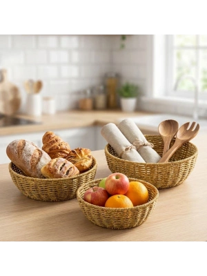 ®  3’lü Plastik Rattan Çanak Seti – Hasır Görünümlü İç İçe Geçebilen Sunum ve Düzenleme Kaseleri, Mutfak & Masaüstü Çok Amaçlı Organizer