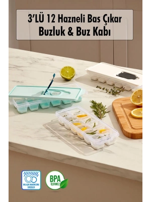 3’lü Set 12 Hazneli Bas Çıkar Buzluk & Buz Kabı