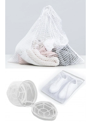 3lü Yıkama File Seti - Ayakkabı Filesi-plastik Aparatlı Sütyen Yıkama- Çamaşır Yıkama Filesi