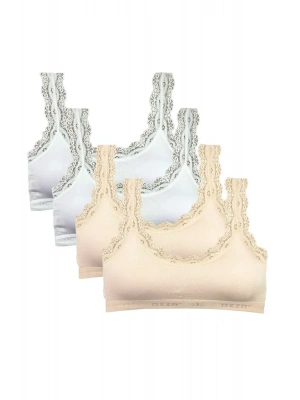 4 Adet Dantel Nakış İşlemeli Pedli Bambu Kadın Büstiyer Beyaz Krem