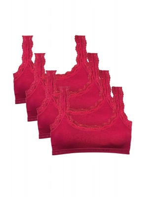 4 Adet Dantel Nakış İşlemeli Pedli Bambu Kadın Büstiyer Bordo