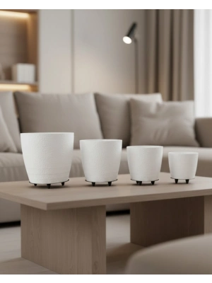 ® 4’lü 3D Beyaz Ayaklı Saksı Seti Modern Minimal Dekoratif Vazo