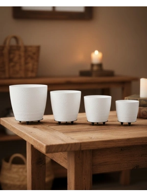 ® 4’lü 3D Şık Beyaz Saksı Seti Modern Ayaklı Dekoratif Vazo