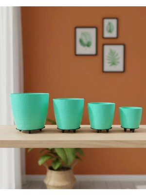 ® 4’lü 3D Yeşil Dekoratif Vazo Seti Modern Ayaklı Şık Saksı Takımı