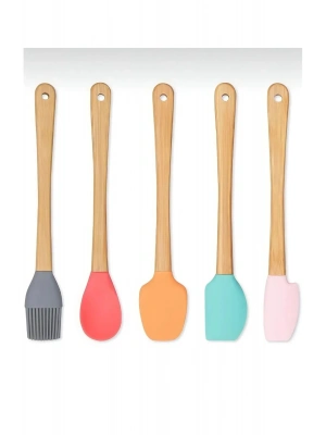 5'li Renkli Ahşap Saplı Silikon Uçlu Spatula Fırçalı Kaşık Seti -yemek Hazırlık Seti 21 Cm