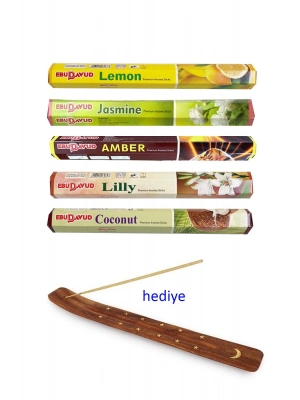 5 Paket 20 Çubuklu Tütsü Lemon - Amber - Lilly- Jasmine - Coconut - Kayık Hediyeli