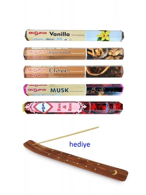 5 Paket 20 Çubuklu Tütsü Vanilla - Musk - Clove - Wood - Redrose - Kayık Hediyeli