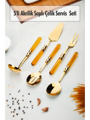 5 Parça Gold Servis Seti & Servis Sunum Seti Amber ( Kepçe / Kevgir / Sıpatula / Çatal / Kaşık )