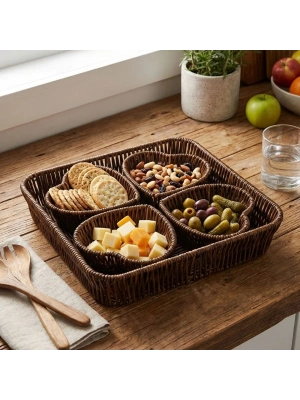 ®  5 Parça,4 Kalp Formlu Plastik Rattan Sunum ve Kahvaltı Seti-Bölmeli Çerezlik ve Meyvelik-Doğal Hasır Görünümlü Tepsi ve Sunum Tabakları