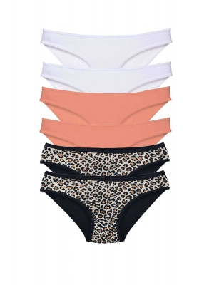 6 Adet Likralı Kadın Slip Külot Leopar Beyaz Pudra