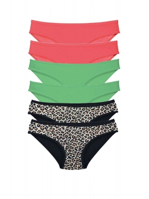 6 Adet Likralı Kadın Slip Külot Leopar Fuşya Yeşil