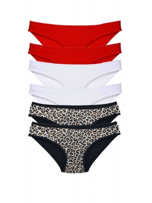 6 Adet Likralı Kadın Slip Külot Leopar Kırmızı Beyaz