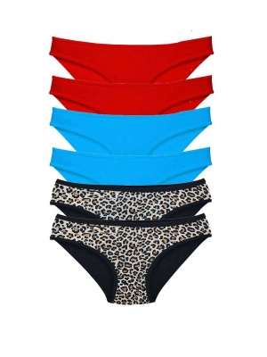 6 Adet Likralı Kadın Slip Külot Leopar Kırmızı Mavi