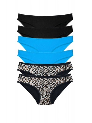 6 Adet Likralı Kadın Slip Külot Leopar Siyah Mavi
