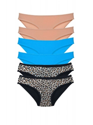 6 Adet Likralı Kadın Slip Külot Leopar Ten Mavi