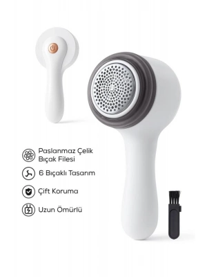 ® 6 Bıçaklı Şarjlı Tüy Ve Tiftik Temizleme Makinesi Beyaz Yuvarlak Tasarım YEDEK BIÇAKLI