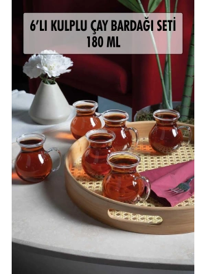 6lı Keyfi Ala Borosilikat Cam Kulplu Çay Bardağı