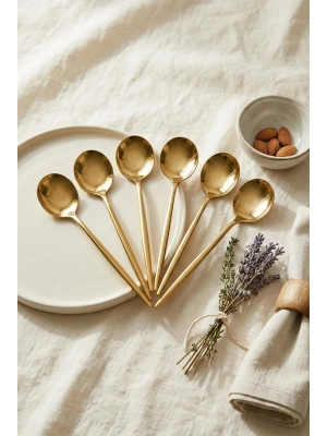 6lı Lüks Gold Paslanmaz Çelik Tatlı Kaşığı Seti (16 cm)