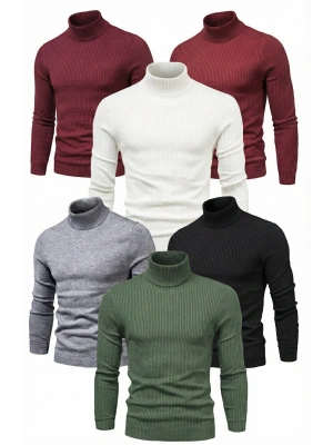 6lı Siyah, Beyaz, Bordo, Gri, Haki   Kaşkorse Boğazlı Full Likralı Fitilli Body Kazak