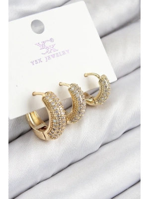 Bfs Pirinç Zirkon Taşlı 3Lü Halka Model Gold Renk Kadın Küpe