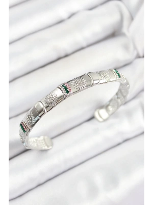 Bfs Pirinç Karışık Zirkon Taşlı Çiçek Model Gümüş Renk Altı Açık Kadın Bileklik