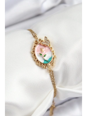 Bfs 316L Çelik Zincir Mineli Sanatsal Portre Zirkon Taşlı Detaylı Çiçek Model Gold Renk Kadın Bilek