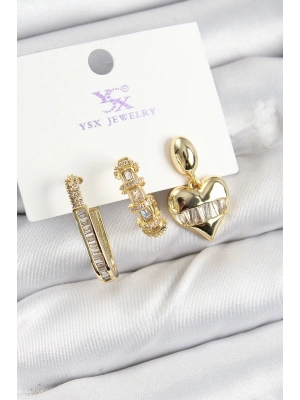 Bfs Pirinç Zirkon Taşlı Kalp Model Gold Renk 3Lü Kadın Küpe