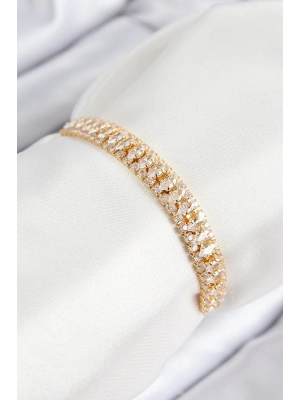 BFS Pirinç Zirkon Taşlı Tennıs Model Gold Renk Asansörlü Kadın Bileklik