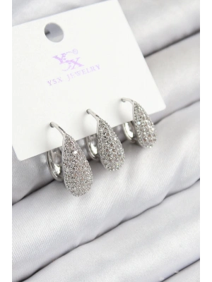 Bfs Pirinç Zirkon Taşlı 3Lü Damla Model Gümüş Renk Kadın Küpe