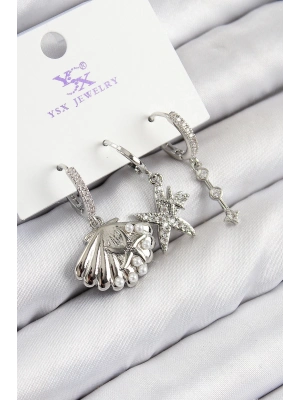 Bfs Pirinç Zirkon Taşlı 3Lü Yıldız Ve İstiridye Model Gümüş Renk Kadın Küpe