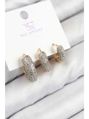 Bfs Pirinç Zirkon Taşlı 3Lü Halka Model Gold Ve Gümüş Renk Kadın Küpe