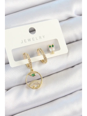 Bfs Pirinç Zirkon Taşlı Göz Ve Baykuş Model Gold Renk 3Lü Çift Kadın Küpe Set