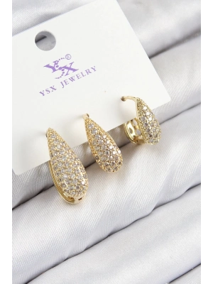 Bfs Pirinç Zirkon Taşlı 3Lü Damla Model Gold Renk Kadın Küpe