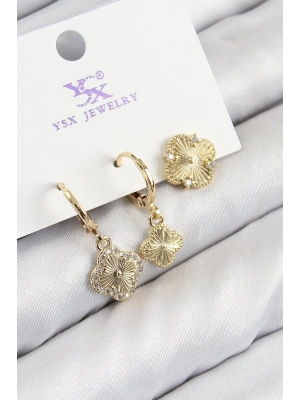 Bfs Pirinç Zirkon Taşlı 3Lü Yonca Model Gold Renk Kadın Küpe