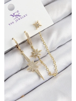 Bfs Pirinç Zirkon Taşlı 3Lü Kutup Yıldızı Model Gold Renk Kadın Küpe