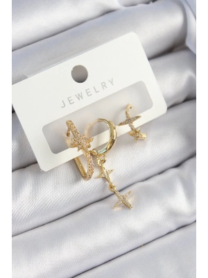 Bfs Pirinç Zirkon Taşlı Yıldız Model Gold Renk 3Lü Çift Kadın Küpe Set