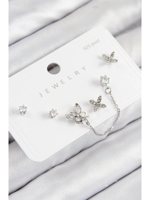 Bfs Pirinç Zirkon Taşlı Kelebek Model Gümüş Renk 925 Ayar Gümüş Çivi Kadın Küpe Set
