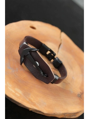 BFS Siyah Deniz Çapalı Çelik Aksesuarlı Kahverengi Deri Erkek Bileklik