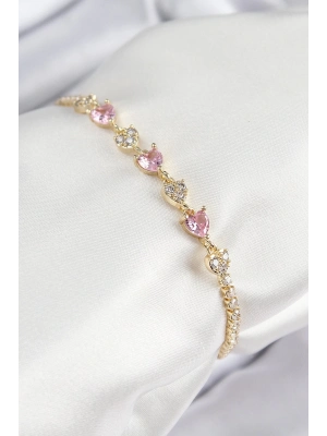 Bfs Pirinç Zirkon Taşlı Pembe Kalp Model Gold Renk Kadın Bileklik
