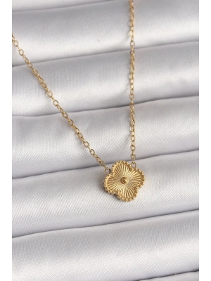 Bfs 316L Çelik Gold Renk İşleme Detaylı Yonca Model Kadın Kolye