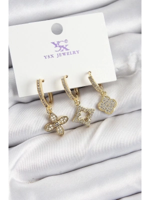 Bfs Pirinç Zirkon Taşlı Yonca Model Gold Renk 3Lü Kadın Küpe