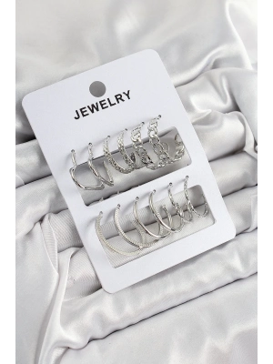 Bfs Pirinç Karışık Halka Model Gümüş Renk 6 Çift Kadın Küpe Set