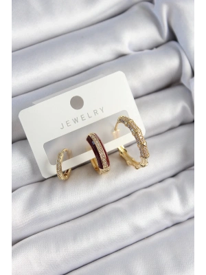 Bfs Pirinç Zirkon Taşlı Bordo Halka Model Gold Renk 3Lü Çift Kadın Küpe Set