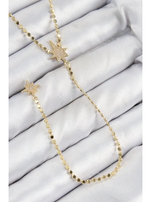 BFS Pirinç Zirkon Taşlı Ezme Zincirli Kutup Yıldızı Model Gold Renk Y Kolye