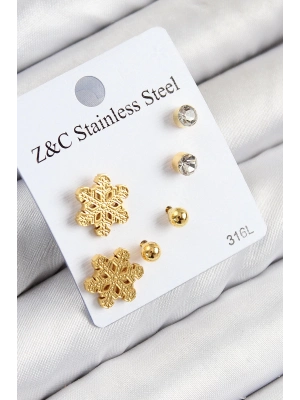Bfs 316L Çelik Zirkon Taşlı Kar Tanesi Model Gold Renk Kadın Set Küpe