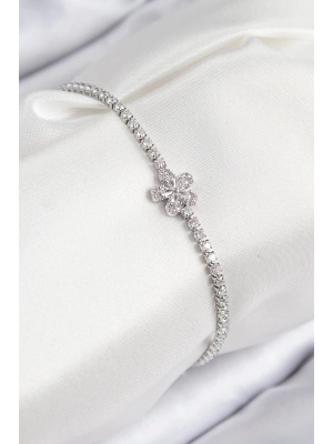 BFS Pirinç Zirkon Taşlı Çiçek Model Gümüş Renk Kadın Bileklik