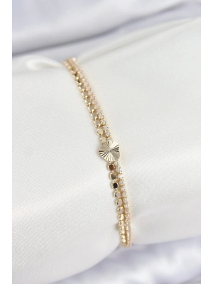 BFS Pirinç Zirkon Taşlı Ezme Zincirli Kalp Model Gold Renk Kadın Bilekilk