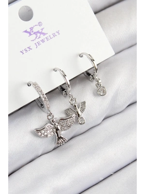 Bfs Pirinç Zirkon Taşlı 3Lü Kuş Model Gümüş Renk Kadın Küpe