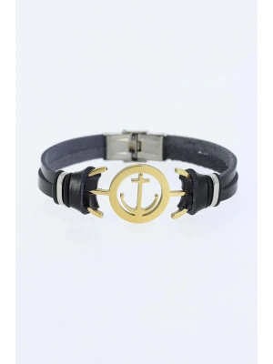 BFS Gold Renk Deniz Çapası Figürlü Metal Aksesuarlı Siyah Renk Deri Erkek Bileklik